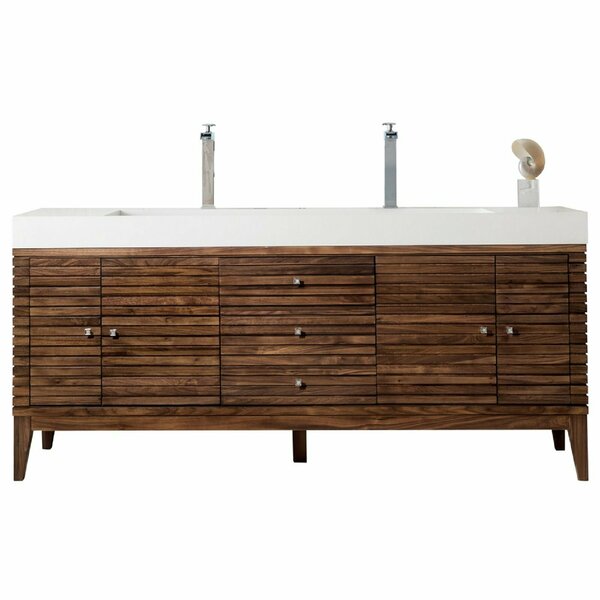 James Martin Vanities Linear 72in Double Vanity, Mid-Century Walnut w/ Glossy White Composite Stone Top 210-V72D-WLT-GW